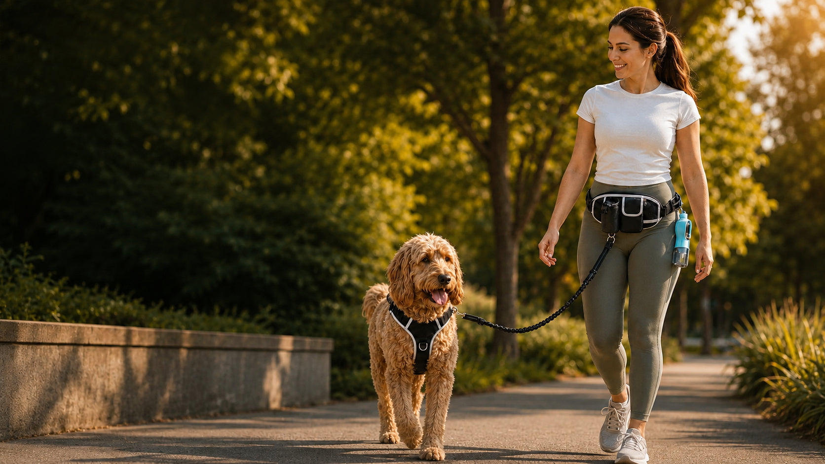 Dog owner walking hands-free with the Furvion Walk System