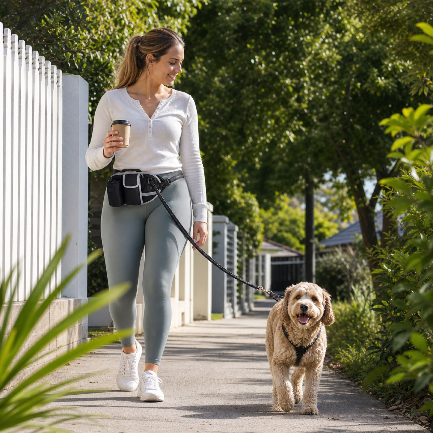 Dog owner walking with Furvion Walk System hands-free